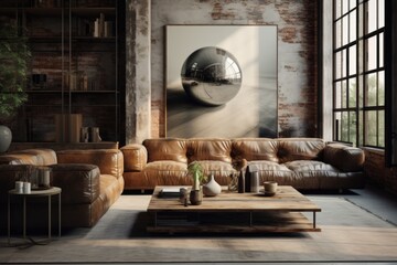 Industrial Luxe: A luxurious industrial living room with a leather-upholstered wooden-framed sofa, metallic accents, and a polished wooden coffee table. Generative AI