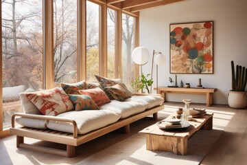 Global Inspired: A living room with a wooden-framed sofa featuring global-patterned cushions, wooden side tables, and ethnic-inspired decor. Generative AI