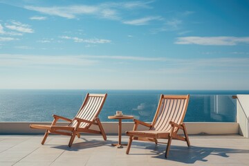 Fototapeta na wymiar A vision of relaxation with a pair of deck chairs set on a sun-soaked terrace, providing the perfect vantage point to take in the mesmerizing expanse of the sapphire sea. Generative AI