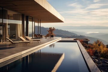 Fototapeta premium Minimalist mountain villa, sleek design, terrace, and pool with panorama. a smoggy daylight, light-colored photograph. Generative AI