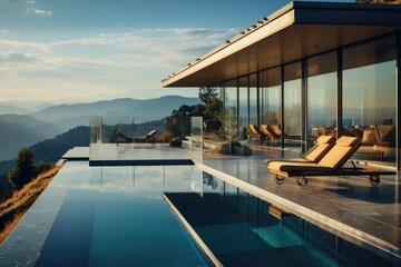 Fototapeta premium Luxurious glass-walled villa on mountain peak, terrace, and pool with stunning views. Generative AI