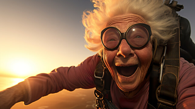 Elderly matriarch, self-captured photograph, engaging in a skydiving adventure, experiencing the unbounded descent. Senior woman adventuring, active life.