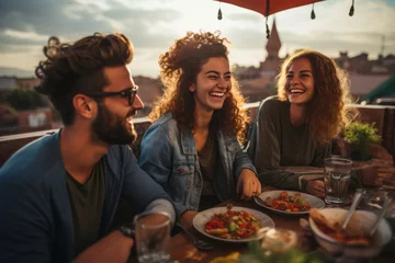 Crédence de cuisine en verre imprimé Maroc Smiling friends dining on rooftop restaurant in Marrakech while on vacation. Generative AI