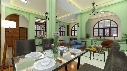 Real home Interior design of dining room and living room. 3d renders