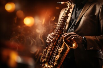 Fototapeta premium Young musician play saxophone on stage . Generative AI