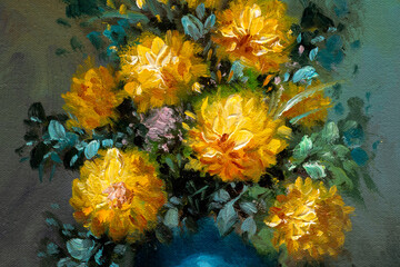 Macro of oil painting brushwork depicting Chrysanthemum flowers. © VIS Fine Arts