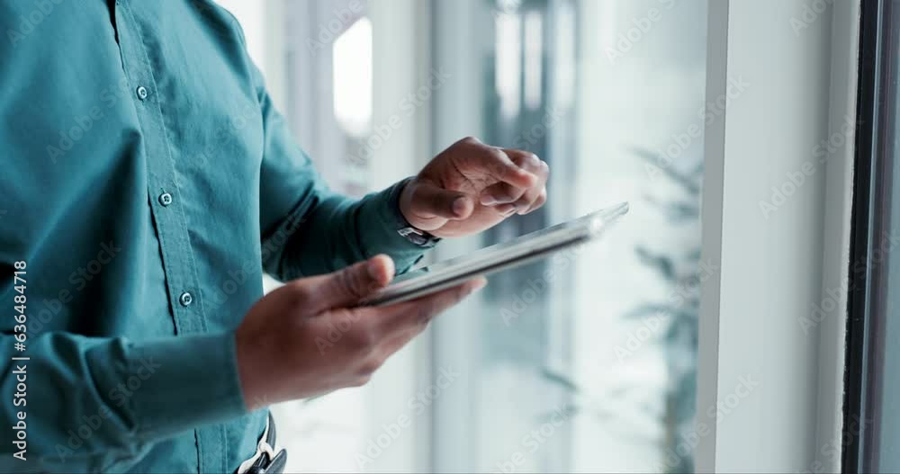 Poster hands, business and man with a tablet, typing and connection with website information, research and 