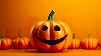 Against a vibrant orange backdrop, a mischievous pumpkin with an unmistakably wicked grin exudes a sense of playful malevolence. Halloween banner for invitation with space for text.