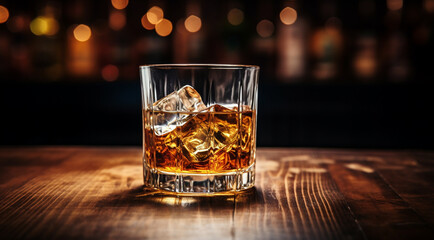 glass of whiskey with ice on the mahogany slatted wooden table generativa IA - obrazy, fototapety, plakaty