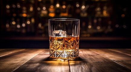 glass of whiskey with ice on the slatted wooden table generat IA - obrazy, fototapety, plakaty
