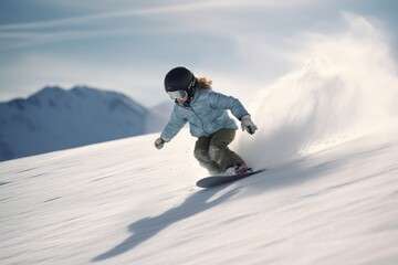 Fototapeta na wymiar Cute child snowboarding down the slope