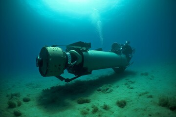 Fototapeta na wymiar Underwater robot inspecting underwater pipelines. Generative AI