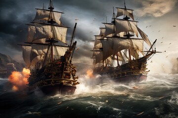 Fototapeta premium Naval Battle of 18th Century - Sailing Frigates in Combat