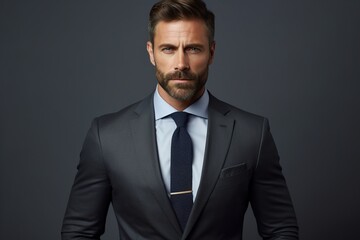 Brunette man in business suit on dark background