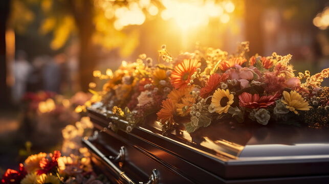 Closeup of a casket with flowers in a peaceful setting of a church. Solemn coffin adorned with a delicate variety of flowers, final tribute to a dear soul.