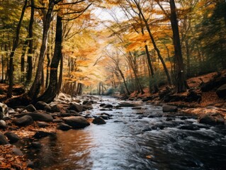 Illustration of a calm river in a serene forest during the autumn. Generative AI.