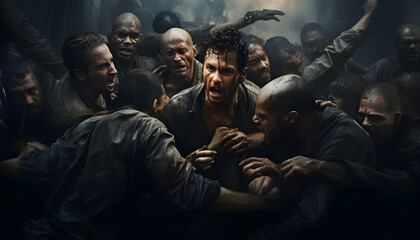 Gritty Prison Riot. Aggressive Men in a Chaotic Clash. - obrazy, fototapety, plakaty