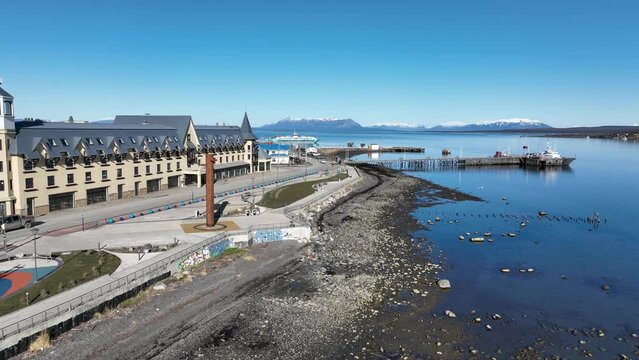 Costal Town Of Puerto Natales In Ultima Esperanza Chile. Nature Landscape. Travel Background. Ultima Esperanza Chile. Downtown Cityscape. Costal Town At Puerto Natales In Ultima Esperanza Chile.