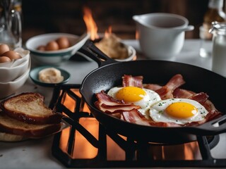 Gas stovetop cooking bacon and eggs in a cast iron skillet