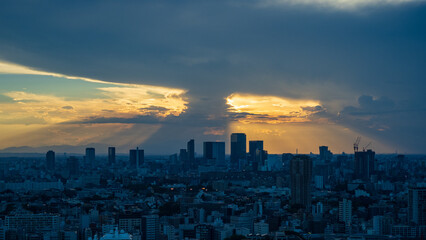 Cumulonimbus incus with Tokyo skyline at dusk.
