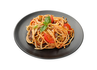 Delicious pasta with anchovies, tomatoes and olives isolated on white
