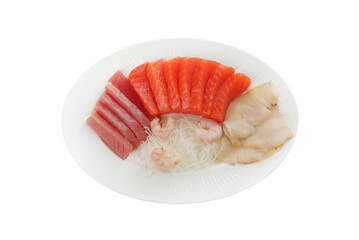 Tasty sashimi set (raw tuna, slices of salmon, shrimp and oily fish) served with funchosa isolated on white, top view
