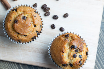 Cupcake with chocolate pieces, close up