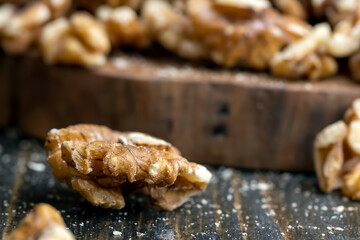 Walnut kernel on the kitchen table during cooking