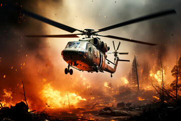 Fire fighting Helicopter o firefighting plane dropping water on wildfire. Disaster forest burning