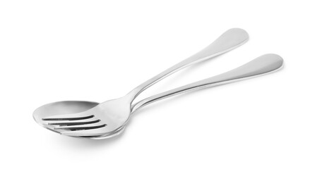 Clean shiny fork and spoon isolated on white. Cooking utensils