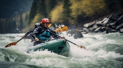 Kayaker navigating through roaring whitewater rapids
 - obrazy, fototapety, plakaty