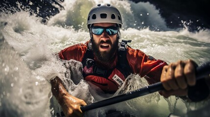 Kayaker navigating through roaring whitewater rapids
