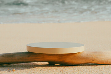Fototapeta na wymiar Empty round white platform podium and dry tree twig on the beach