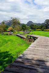 Wooden bridge on green field with mountains background