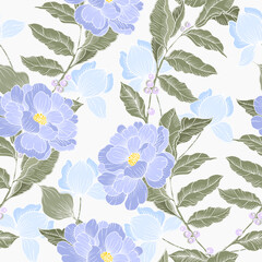 Hand Drawn Blue Rose and Berry Leaves Seamless Pattern