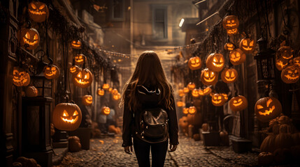 A young girl dressed in black slings a bag on her way to a Halloween party in the city,Which in the city is decorated with pumpkins for Halloween in the houses. Generative AI.