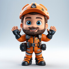 man in 3d render, carpenter worker with orange helmet, happy smiling person