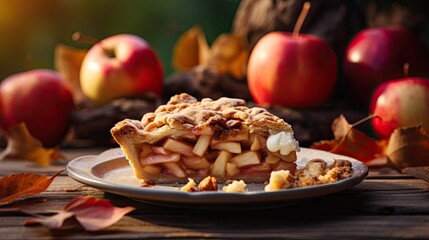 Close-up of a slice of freshly baked apple pie - obrazy, fototapety, plakaty