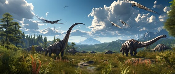 Naklejka premium Dinosaurs in Prehistoric Land