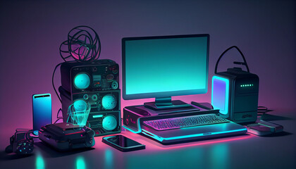 Modern neon technology concept with many expensive electronic gadgets on the desk.Ai generated image