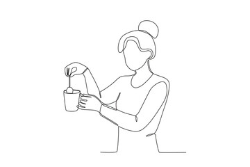A woman making tea . Morning activities one-line drawing