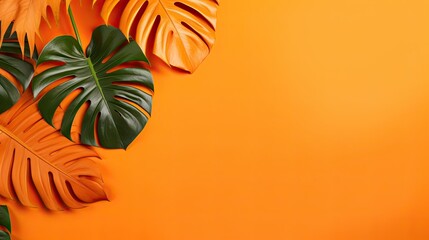Tropical leaves Monstera on orange background