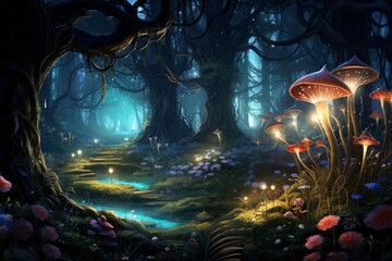 whimsical night journey through enchanted woods, Generative AI