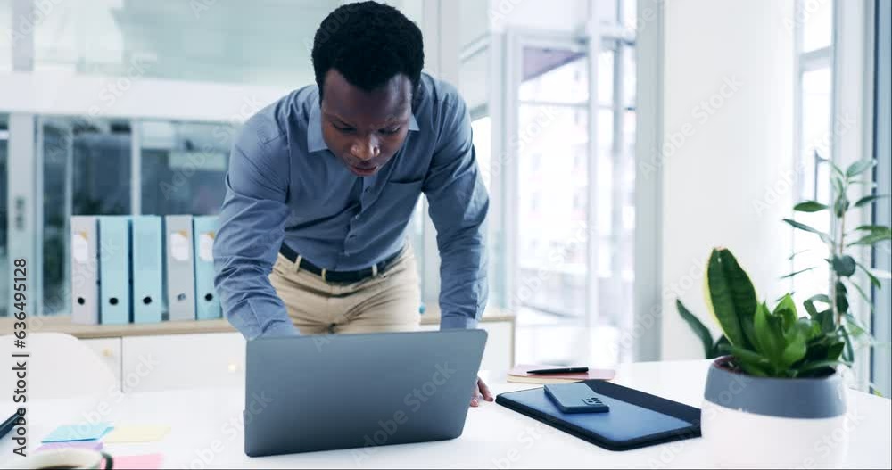 Leinwandbilder busy, typing and a black man with a laptop at work for communication, email or networking. serious, 