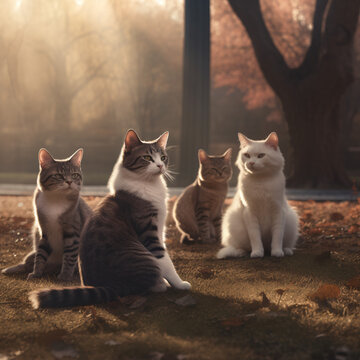 Grupo de gatos tomando el sol por la mañana