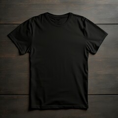 black t-shirt mock-up , flat lay on a dark wood background , aerial view , blank t-shirt template