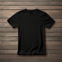 black t-shirt mock-up , flat lay on a dark wood background , aerial view , blank t-shirt template