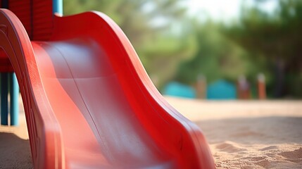 Close up of a red slide in an empty kids park playground.
