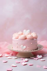 Cute birthday cake pink color with roses and hearts, Sweet cake for a surprise birthday, mother's Day, Valentine's Day