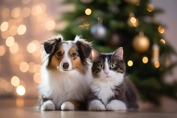 cat and dog near the Christmas tree. christmas pets. happiness, celebration and fun. furry animals.